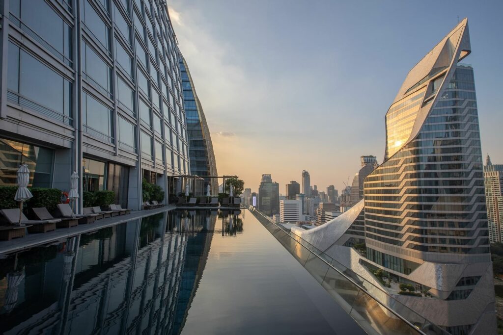 pool view  of Bangkok's Okura Prestige hotel in bangkok